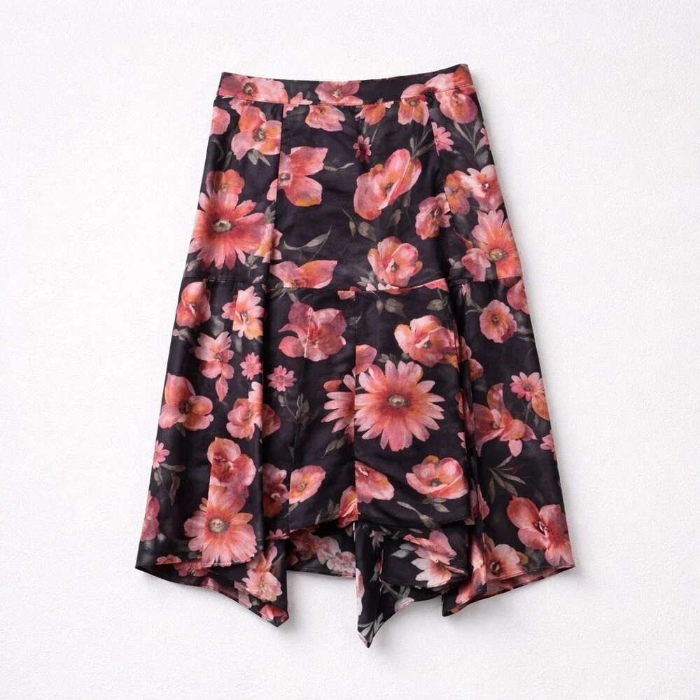 $325 The Kooples Skirt Womens Size S Black Floral Wrap Midi Asym Hem Tie Waist